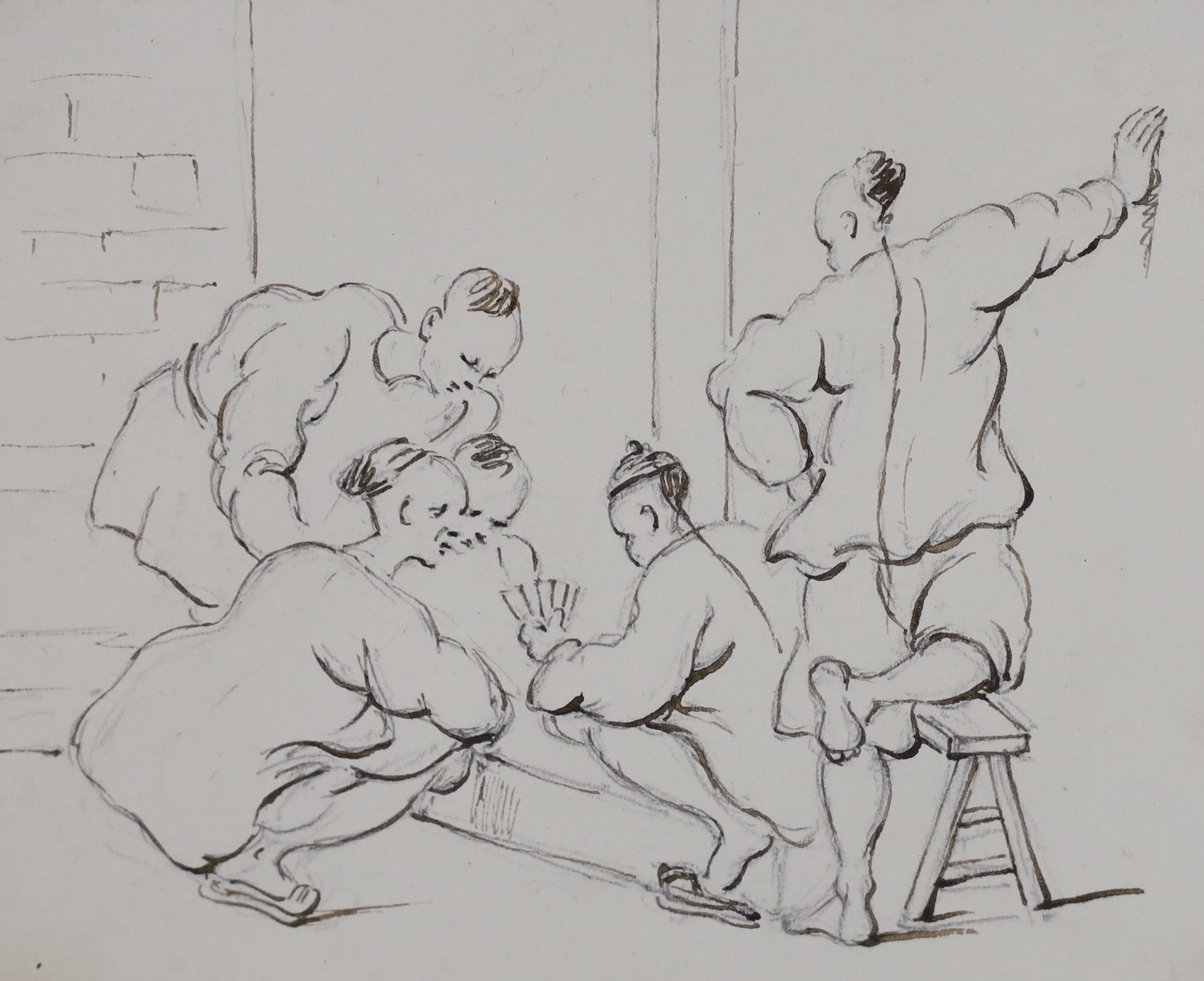 Manner of George Chinnery, pen and ink, Four studies of Chinese figures, largest 13 x 16cm, unframed